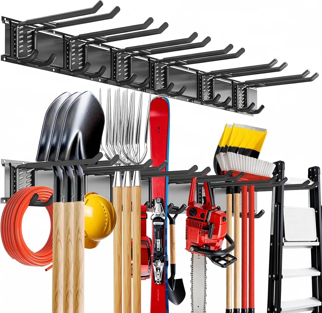 Garage Tool Organizer Wall Mount, 48inch Heavy-Duty Garage Storage System and Garden Tool Organizer with 6 Adjustable Double Hooks for Shovel, Snowboard, Yard Tools and Shed