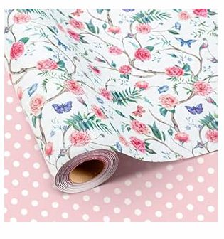 Retrify Pink Flowers Wrapping Paper Roll - 17 Inches x 32.8 Feet Mini Roll Cute Butterfly and Polka Dots Gift Wrap Paper for Mother's Day, Wedding, Birthday, Baby Shower, Holiday