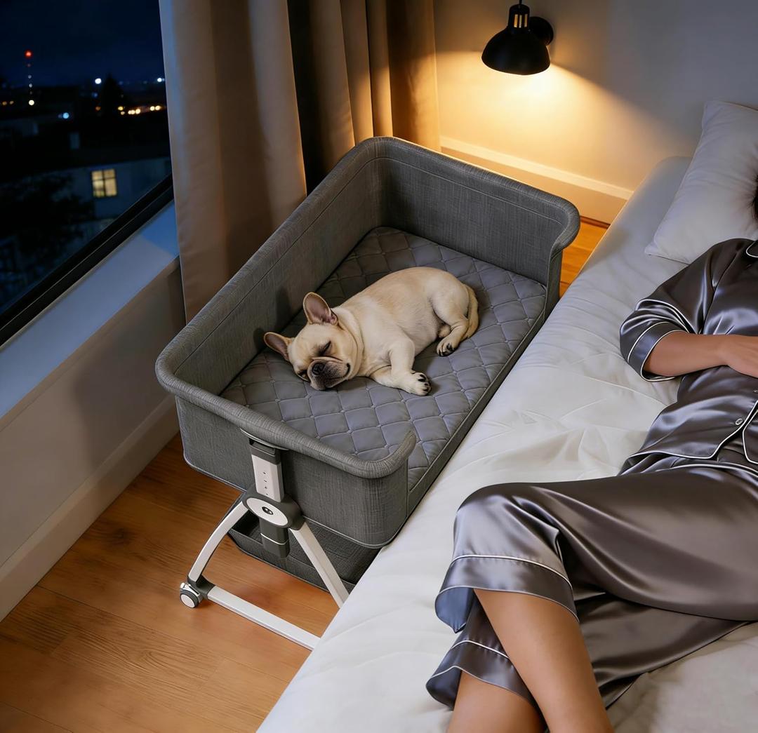 Bedside Dog Bed, Cosleeper Pet Dog Bed with Removable Washable Cushion Adjustable Height, Extension for Human Bed for Small & Medium Puppy & Cat