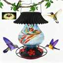 Solar Glass Hummingbird Feeder for Outdoors- 26 fl.oz Best Hummingbird Feeders with Ant Moat & Perch - 5 Feeding Ports - Wasp Leak Proof- Hand Blown Glass Color Changing Glowing in Dusk