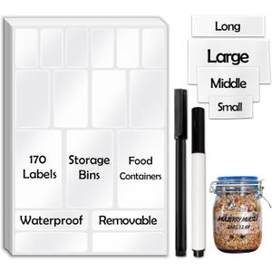 JIEHENG 170Pcs Clear Removable Labels for Jars,for Storage Bins,for Food Containers with 2 Liquid Chalk Marker(Transparent)