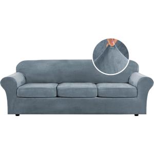 H.VERSAILTEX High Stretch Sofa Slipcover 4 Piece Cover Velvet Furniture Protector Form Fit Thick Velvet Extra Large Sofa Cover for 3 Cushion Couch Width Up to 97 Inch (Large Sofa, Stone Blue)