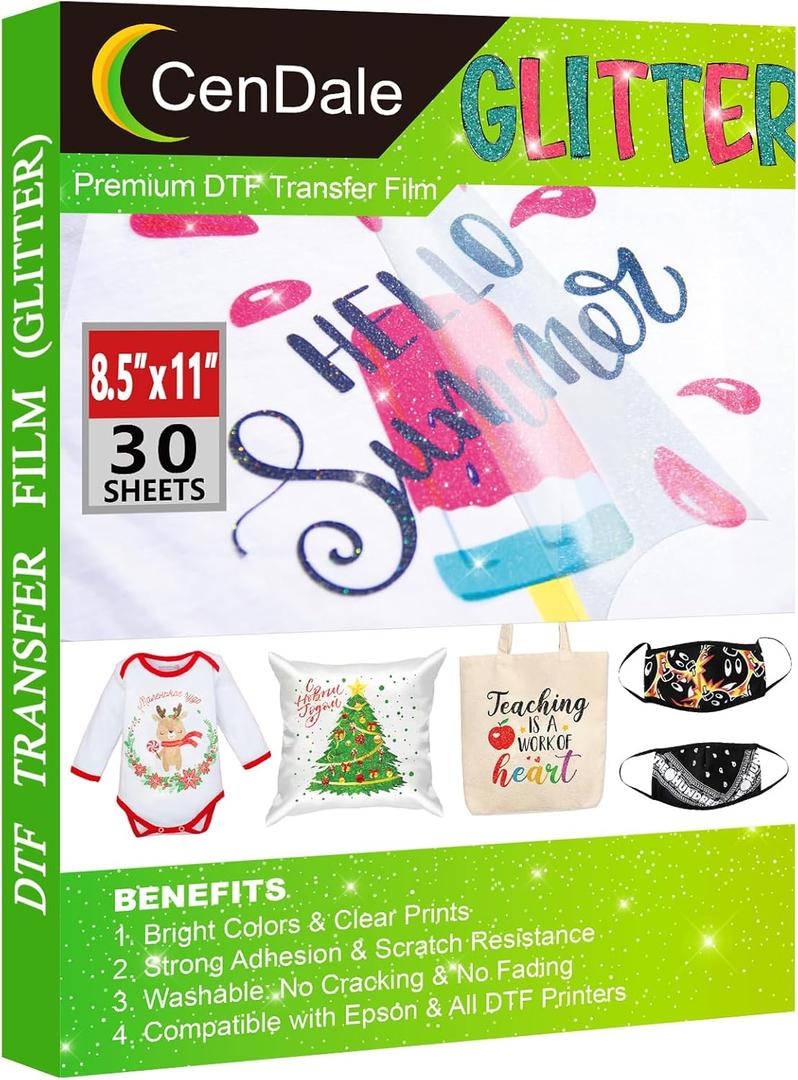 CenDale Glitter DTF Transfer Film - 8.5"x11" 30 Sheets Colorful Glitter DTF Film for Sublimation Hack, Direct to Film Printing on Light & Dark T-Shirts Textile, Hot & Cold Peel DTF Paper