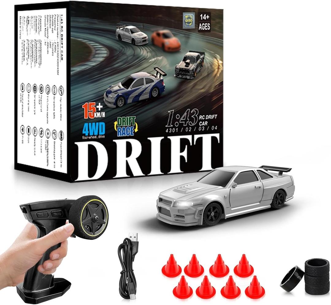 RC Drift Car, 1/43 Mini Rc Drift car with Gyroscope, 2.4GHz Full Proportional Remote control Cars, 4WD High Speed Racing with Lights, Racing Tires, Model Cars Gift for Adults, Kids, Boys, Girls (Grey)