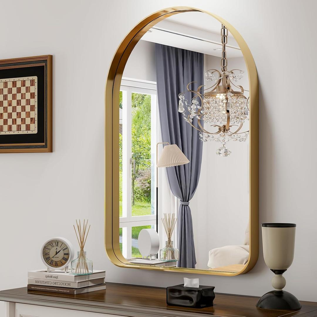 GLSLAND 24x36 Gold Arched Bathroom Mirror - Aluminum Alloy Framed Mirrors for Wall- Arch Wall Mirror, Brush Gold Bathroom Mirror for Bedroom (36"L x 24"W, Round Edge-gold)