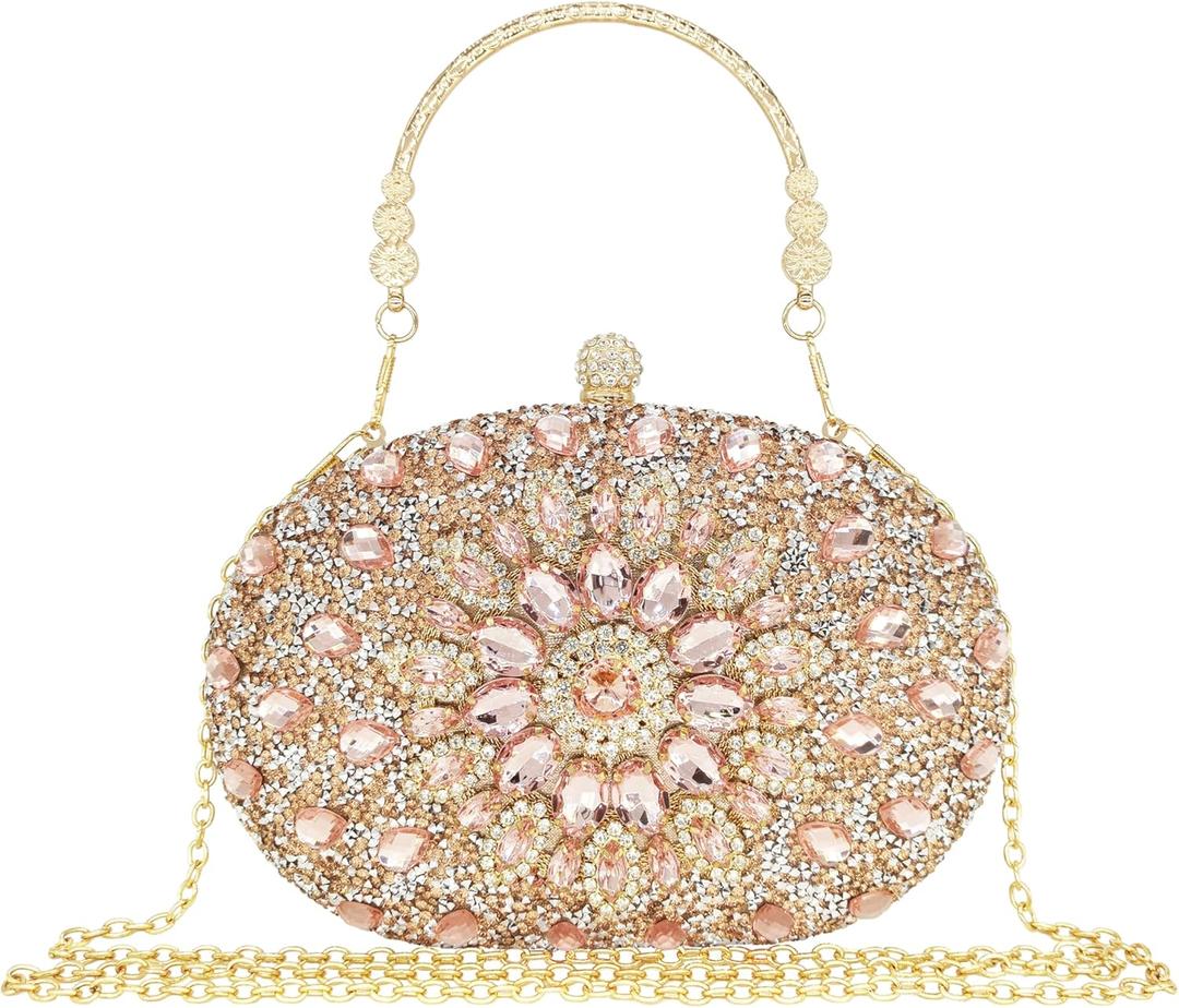 Rhinestone Clutch Purses for Women Evening Wedding Formal - Round Pearl Clasp Handbag - Crystal Diamond Bag