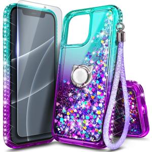 NGB Designed for iPhone 14 Pro-Max Case, Aqua/Purple | Glitter Liquid Sparkle Cute Cover for Women Girls Kids | with Tempered Glass Screen Protector & Ring Holder & Wrist Strap