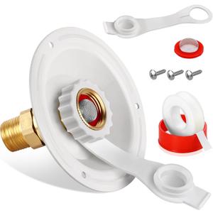 RV City Water Fill Inlet Flange Check Valve Water Hookup Connector 3/4 NH Female to 1/2 NPT Male Mount Lead-Free Brass Flush RV Water Backflow Preventer with Dust Plug for RV Camper Motorhome (White-big flange)