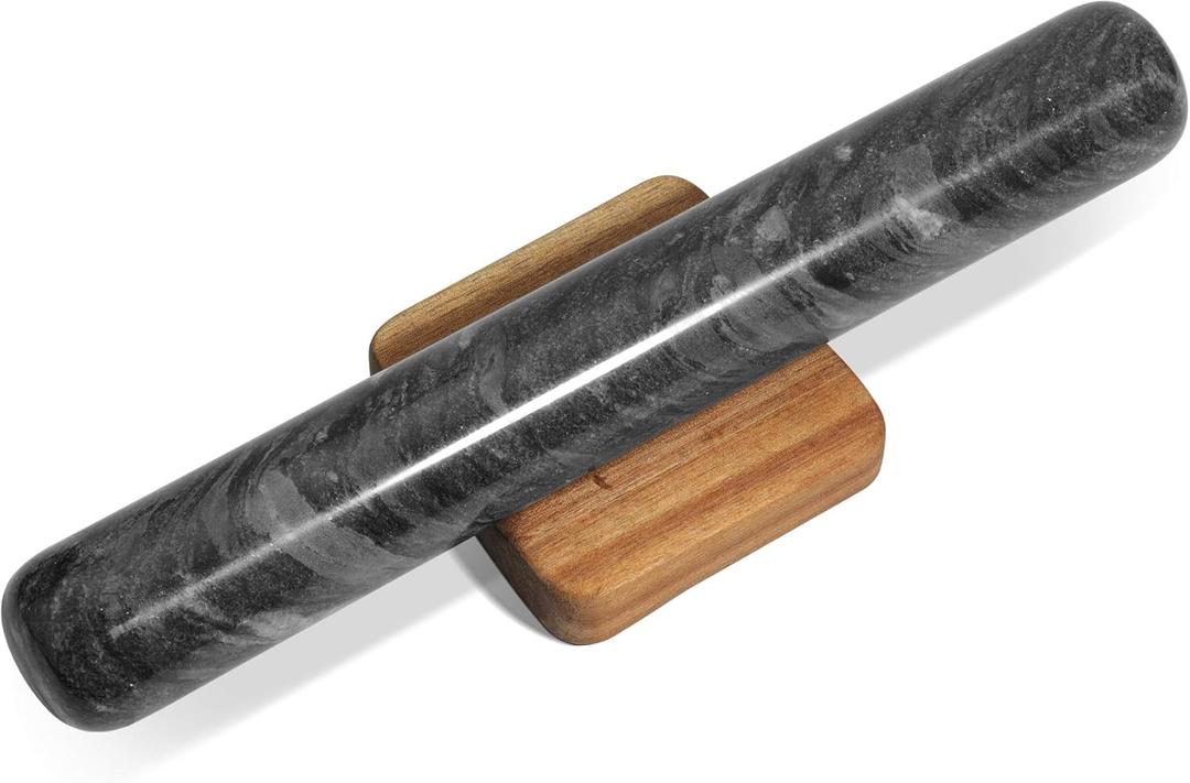 ComSaf Marble Rolling Pin with Wood Cradle 12 Inch Black, Non-Stick Dough Roller Professional Essential Kitchen Utensil French Heavy Duty for Baking, Pizza, Fondant, Pie Crust, Cookie, Pastry