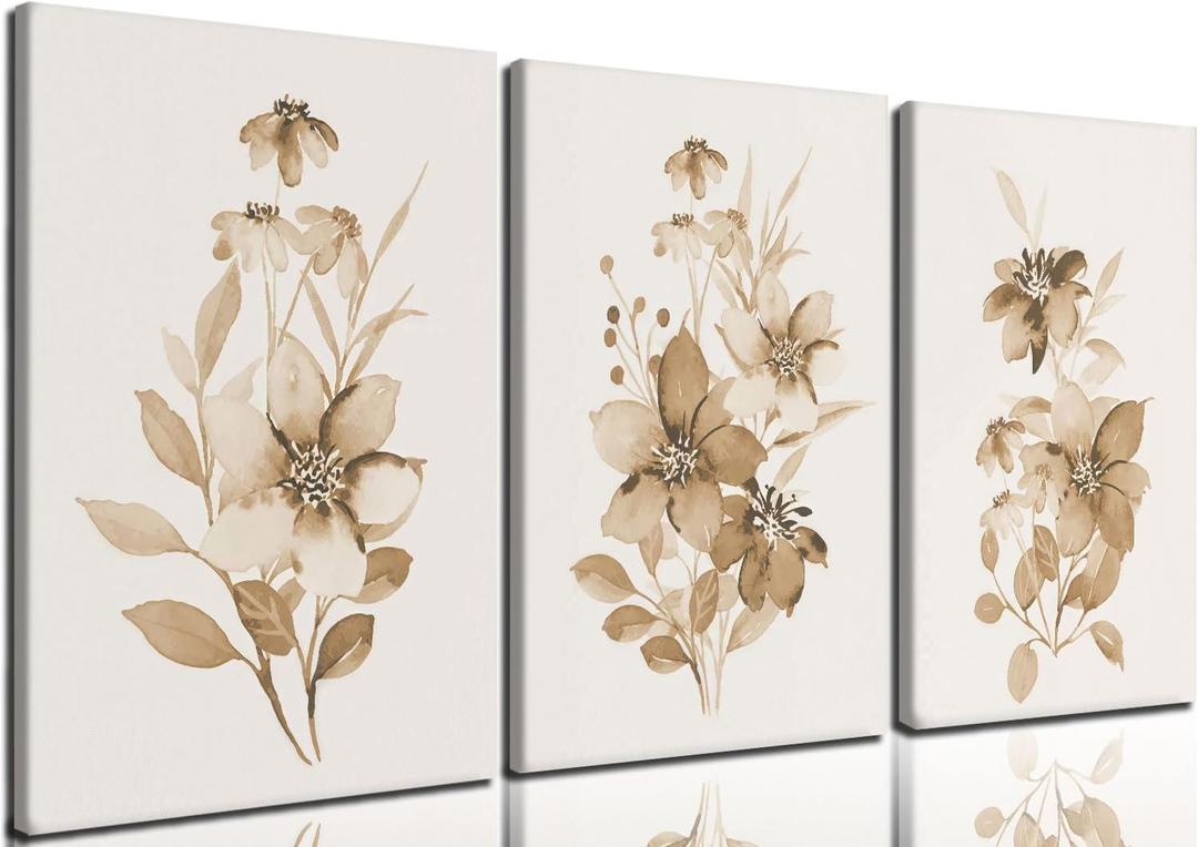 CHTEXA Neutral Floral Canvas Wall Art Set Of 3 Beige Botanical Prints Minimalist Plant Wall Decor For Living Room Bedroom Bathroom Office 16x24 Inch Ready To Hang
