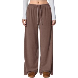 Women's Wide Leg Ribbed Knit Pants Drawstring Waist Low Rise Casual Long Trousers (Medium Brown)