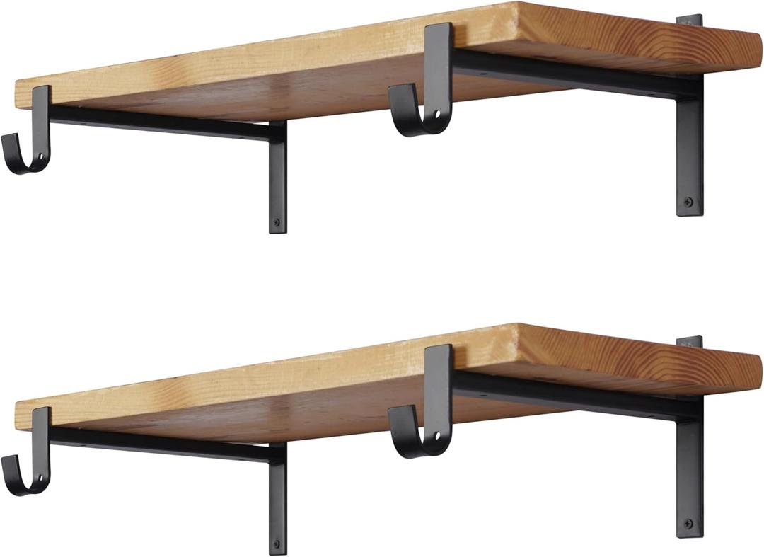 EZYDECOR Closet Rod Bracket Shelf Bracket with Hook Black Closet Shelf Bracket with Rod Support 4 Pack Wall Mounted Heavy Duty Shelf Brackets (12 Inch)