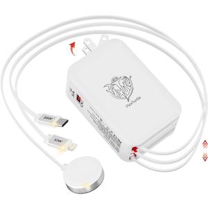 FlexTurtle Retractable Apple Watch Charger, 5 in 1 Travel Charging Station for Apple Devices, Retractable Chargers for Multiple Devices with Multi Charging Cable, Charger Block for Apple Gear (White)