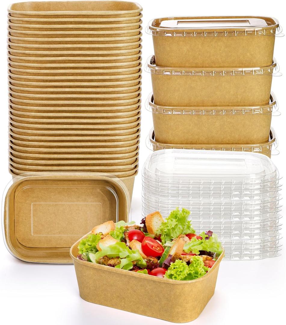 Yesland 50 Pack Compostable Rectangular Kraft Paper Bowls, 25 Oz, Microwave & Freezer Safe, Reusable, Perfect for Take-Out, Office Lunch, Picnic, 6.75 x 4.75 x 2.5 inches
