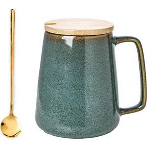 Large Ceramics Coffee Mugs,24 OZ,With Spoon And Wooden Lid,For Coffee,Tea,Cocoa,Large Handle Design,Microwave And Dishwasher Safe(Color:24 oz green set)
