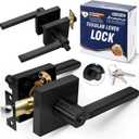 Entry One-Touch Push Button Locking Door Handle Lock with Keys, Non-Handed Opening, Entrance Reversible Left Right Lever for Interior/Exterior Front Door, ADA-Compliant Knob, for Office, Bathroom (Matte Black)