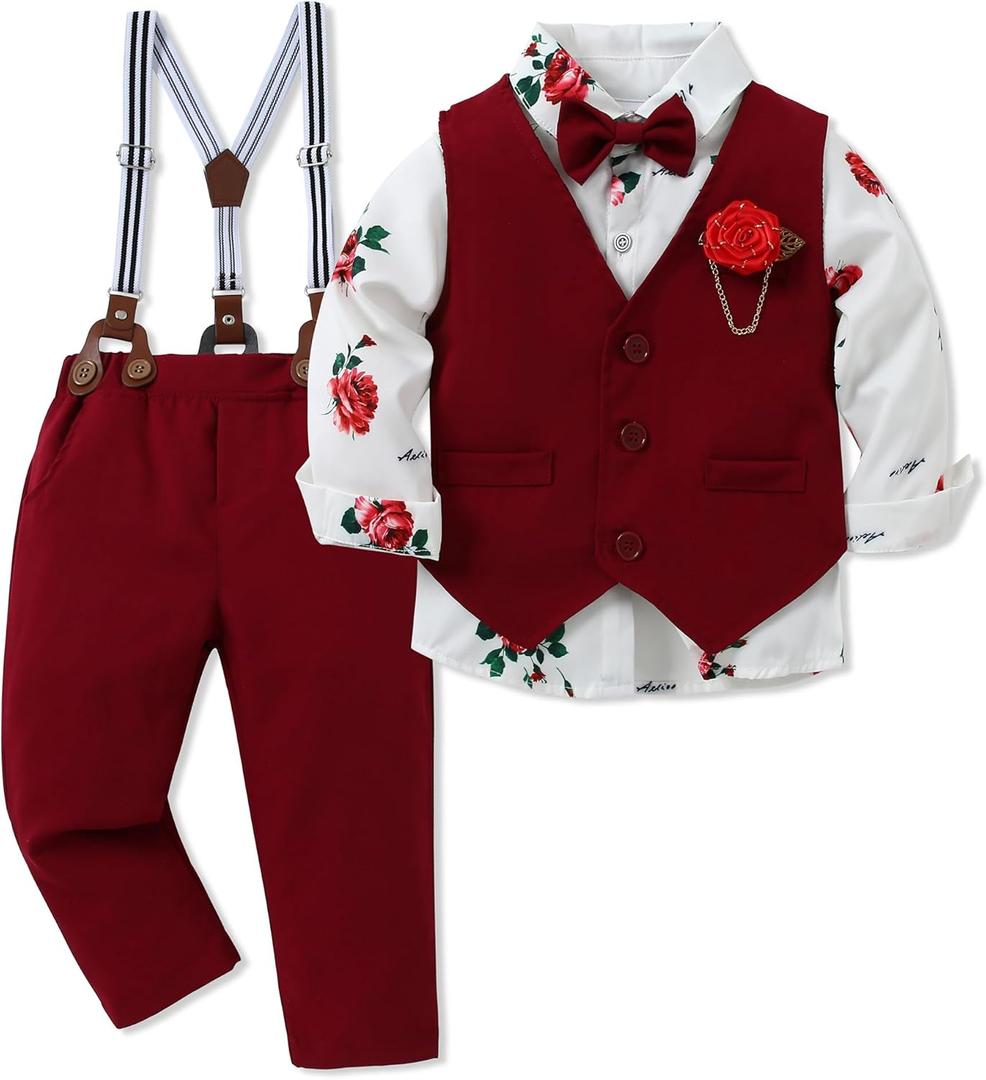WESIDOM Toddler Boy Clothes Suit Formal Dress Shirt+Bowtie+Vest+Boutonniere+Suspender Pants Boys Gentleman Outfits Set (6-7 Years, Red)