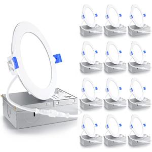 Ensenior 12 Pack 4 Inch LED Recessed Light, Dimmable, 6000K Clear White, 750LM High Brightness, 9W 120V, 2 Pin, ERL-9X-ETL, Damp Rated, Ultra-Thin Canless Wafer Ceiling Light - ETL & FCC & IC