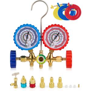 Orion Motor Tech Automotive AC Gauge Set, 3 Way AC Manifold Gauge Set for R134a R410a R22 R404a Refrigerant with Teflon Tape Rubber Casing R134a Couplers Piercing Can Tap R410a Adapters 29 Adapter