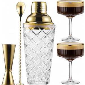 Cocktail Shaker Set with Coupe Glasses – 5-Piece Gift Set Includes Pineapple Glass Shaker with Gold Lid, Jigger, Bar Spoon & 2 Ribbed Gold-Rimmed Glasses – Bartender Kit for Home Bar