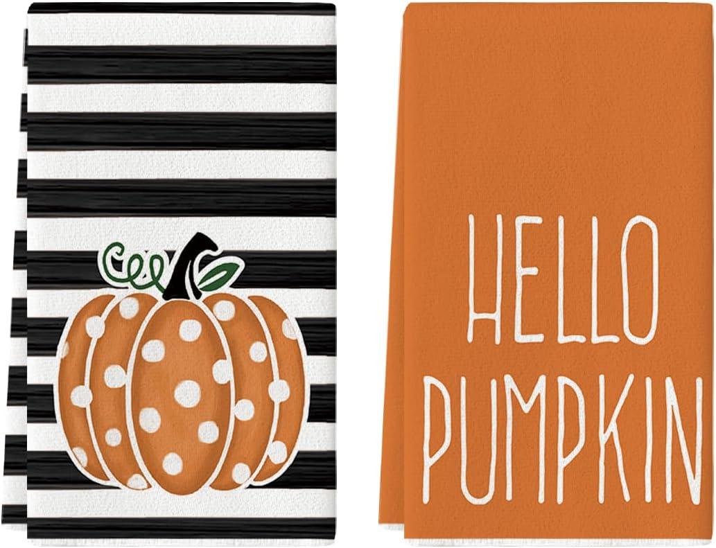 Artoid Mode Orange Polka Dot Stripes Hello Pumpkin Fall Kitchen Towels Dish Towels, 18x26 Inch Farmhouse Decoration Hand Towels Set of 2