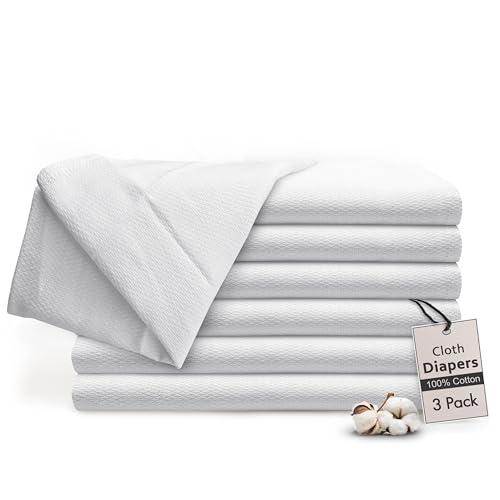 RUVANTI Unisex Birdseye Flat-Fold Cloth Diapers for Babies 3 Pack, 100% Cotton Reusable Diaper Inserts 23x23 Inches, White