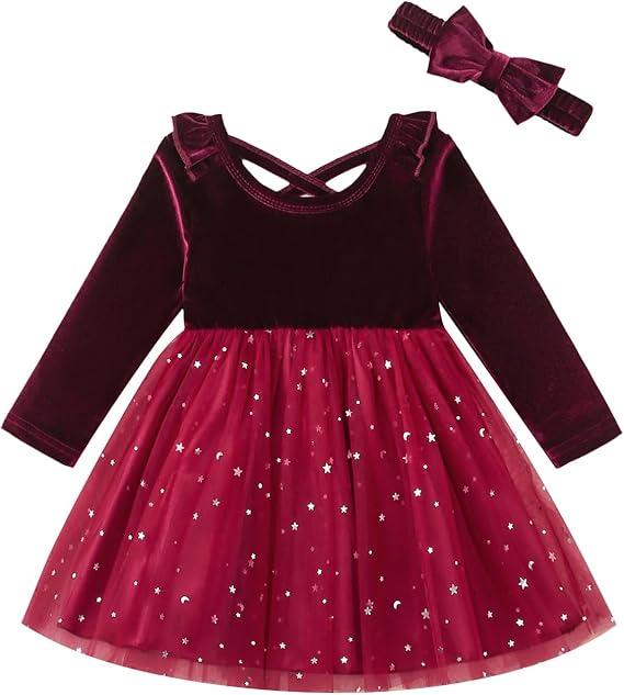 Toddler Girls Christmas Dress Ruffle Long Sleeve Tulle Velvet Dresses Winter Clothes Party Outfits, Size: 5-6T