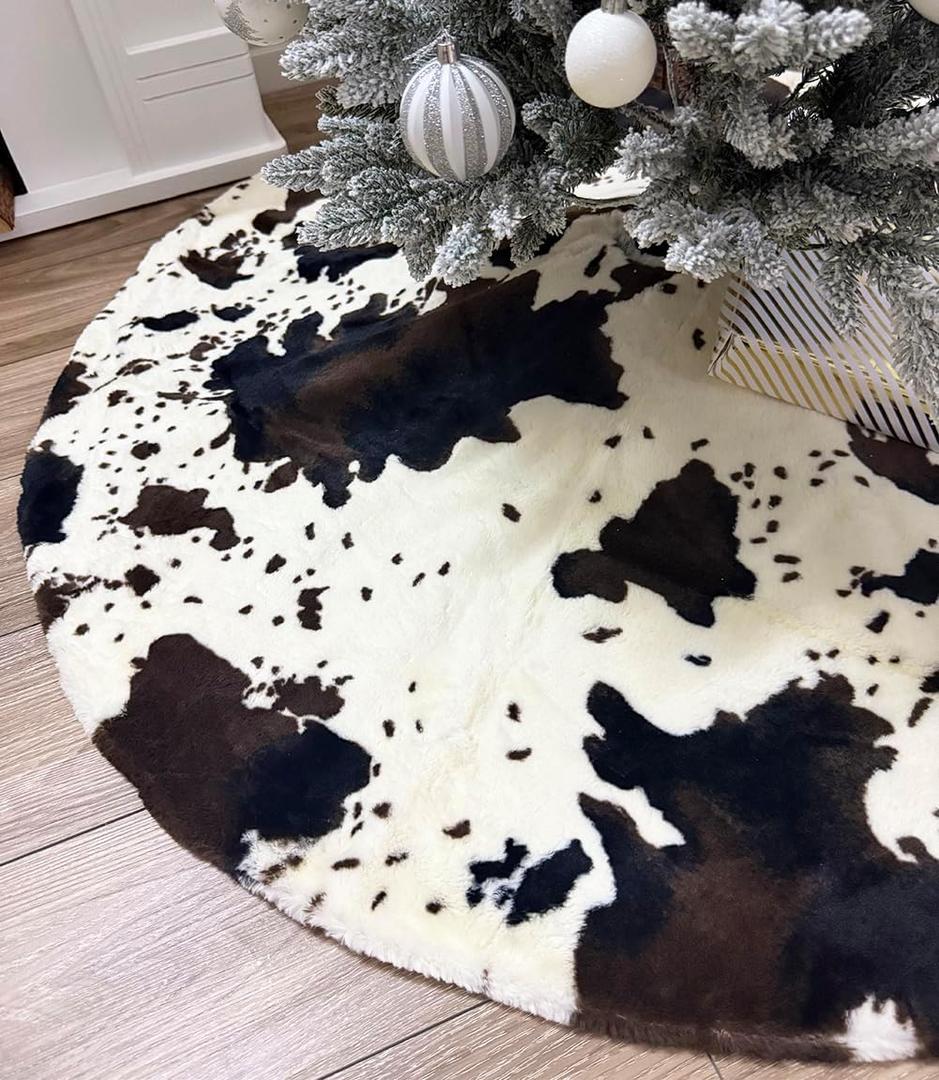AOGU 60 Inch Cow Faux Fur Christmas Tree Skirt Holiday Decor for Xmas Tree, Festive Party, Home Decorations
