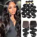 Bundles with Closure Human Hair Body Wave 14 14 14+12 Inch 100% Unprocessed Brazilian Virgin Human Hair 3 Bundles with Closure Human Hair Extensions with 4x4 Free Part Lace Closure Natural Black