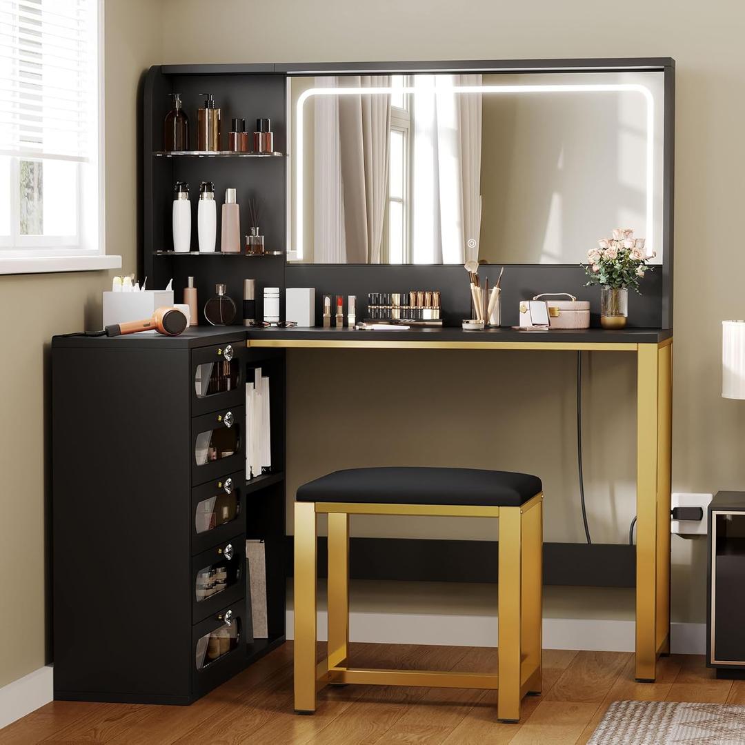 DWVO Vanity Desk with LED Lighted Mirror and 3 Lighting Modes, L-Shaped Corner Vanity, 48" Large Dressing Table with 5 Tempered Glass Drawers with Open Storage Shelves Vanity Table, Black