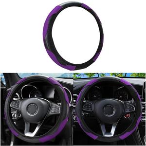Car Steering Wheel Cover, Universal Microfiber PU Leather Elastic 15 inch Stitching Color Anti-Slip Steering Wheel Protector, Car Interior Protection Accessories for Men Women (Black/Purple)