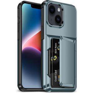 for iPhone 14 Case with Card Holder [Max 5 Cards] Heavy Duty Protective Shockproof Case Dual Layer Hidden Sliding Card Slot Wallet Case for iPhone 14 Phone Case Women&Men 6.1'' (Blue)