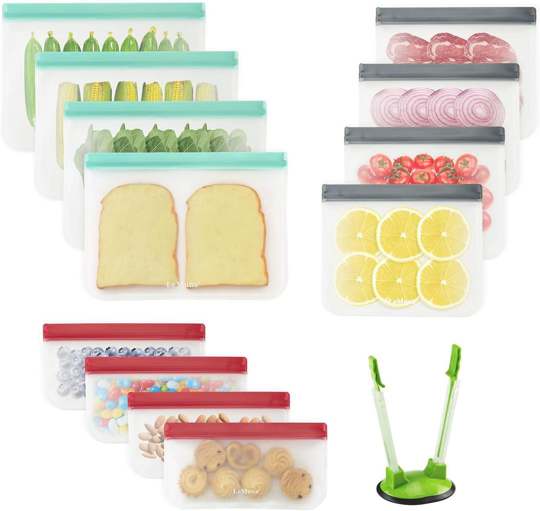 12 Pack Reusable Food Storage Bags with Baggy Rack (4 Gallon Freezer Bags, 4 Reusable Sandwich Bag, 4 Reusable Snack Bags), Food Grade Reusable Freezer Bags BPA Free, PEVA Leakproof | BPA Free, Leakproof, Food Grade, Freezer Safe Bags, Reusable