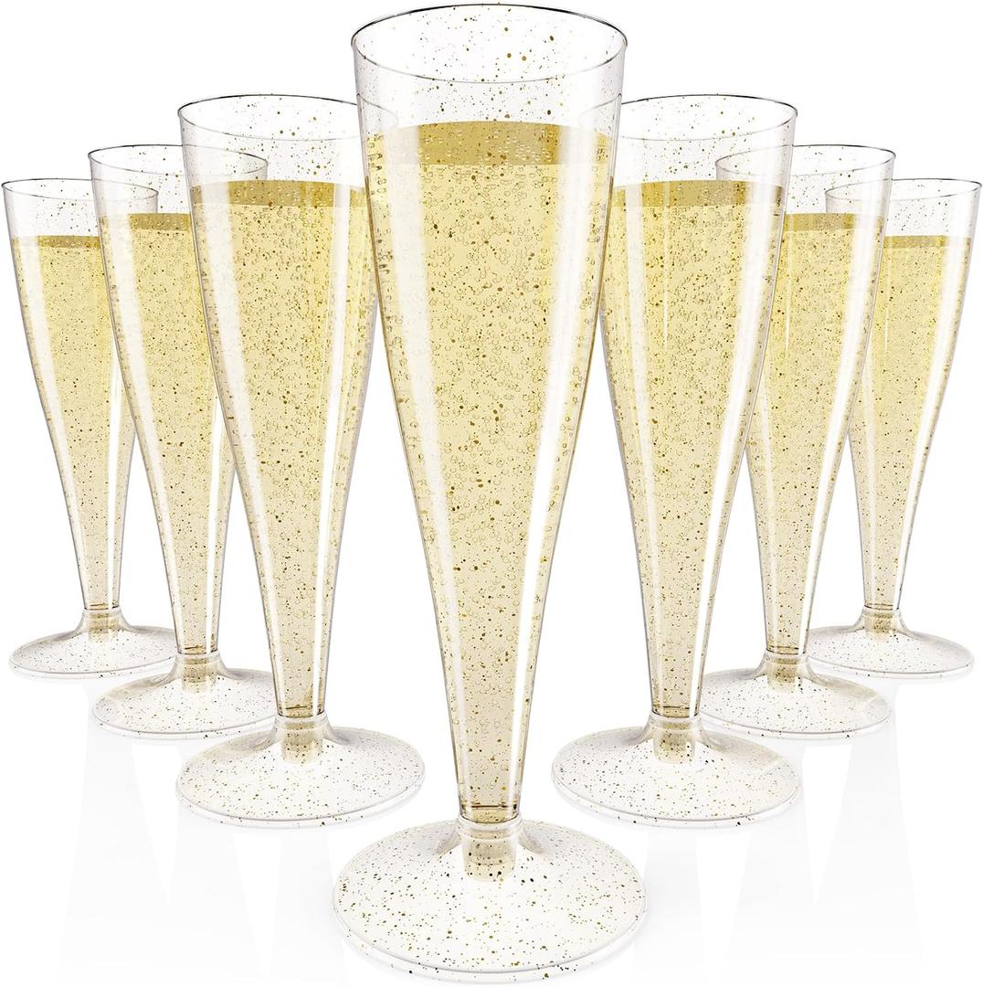 JOLLY CHEF 100 Pack Plastic Champagne Flutes Disposable 4.5 oz Gold Glitter Plastic Champagne Glasses for Wedding, Thanksgiving Day, Christmas