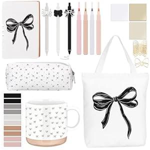 Reallnaive 25 Pcs Coquette Pink Bow Gift Set Back to School Stationery for Women Student Teacher Appreciation Notebook Coffee Mug Tote Bag Highlighter Pen Pouch Cute Preppy Party Favor