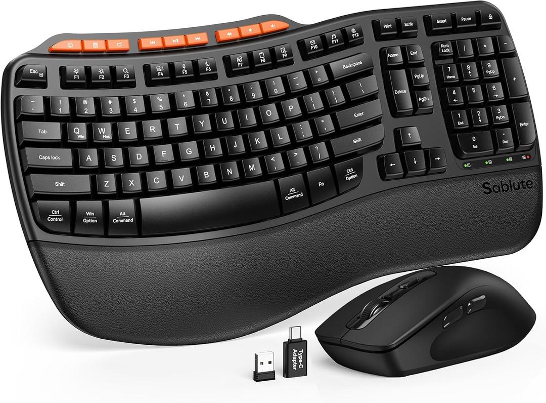 Ergonomic Wireless Keyboard and Mouse Combo, 2.4G Full Size Wave Key Board with Cushioned Palm Rest, Natural Typing, 3 DPI Adjustable Mouse, USB-A & C for Computer/Laptop/Mac/Tablet - Sablute MA31
