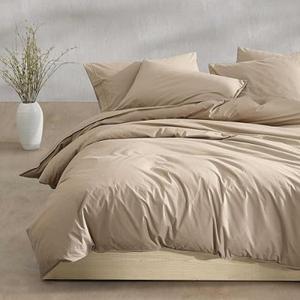 Calvin Klein - Queen Duvet Cover Set, 100% Crisp & Cool Cotton Percale Bedding, Corner Ties & Button Closure, 3 Piece Bed Set with Matching Pillowcases (Modern Cotton Washed Percale Camel Brown)