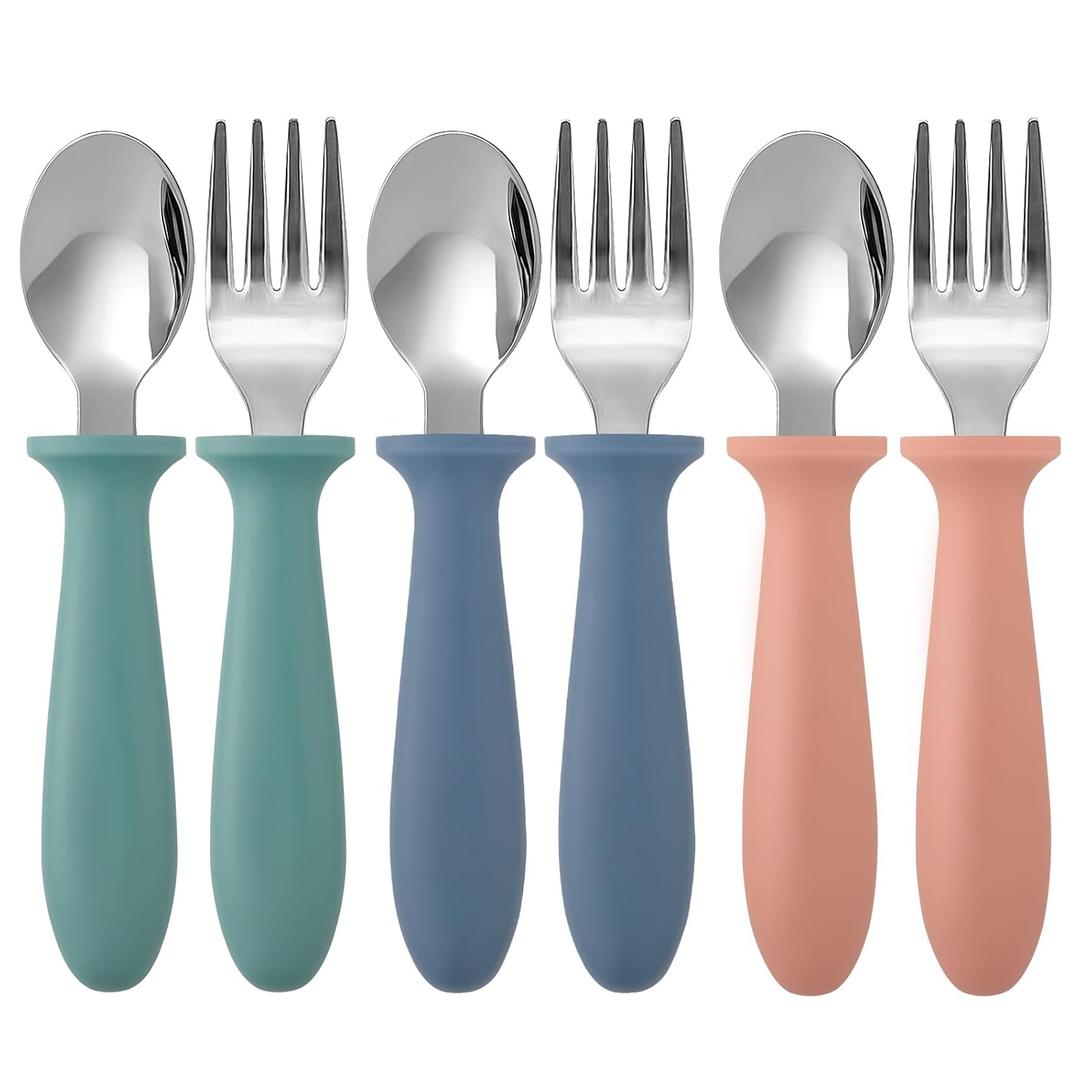 Pimoys 6 Pieces Toddler Utensils, Kids Silverware Set with Plastic Handle Stainless Steel Children Forks and Spoons, Dishwasher Safe (navy blue/green/pink)