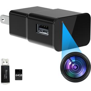 1080P FHD Charger Camera| Nanny Cam Wall Outlet with 64GB SD Card| Loop Recording/Motion Detection/Night Vision/Indoor Camera