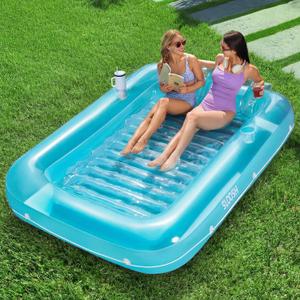 SLOOSH Inflatable Tanning Pool Lounger Float, 85" x 57" Extra Large Pool Floats Adult with Pillow, 4 in 1 Suntan Tub Raft Floatie,Sunbathing Bed Lounge for Water Blow Up Ball Pit Party Gifts, XL-Blue