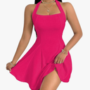 PerZeal Women's 2025 Summer Dress Sleeveless Halter Neck Sundress Backless Flared Short Mini Beach Dress, size M