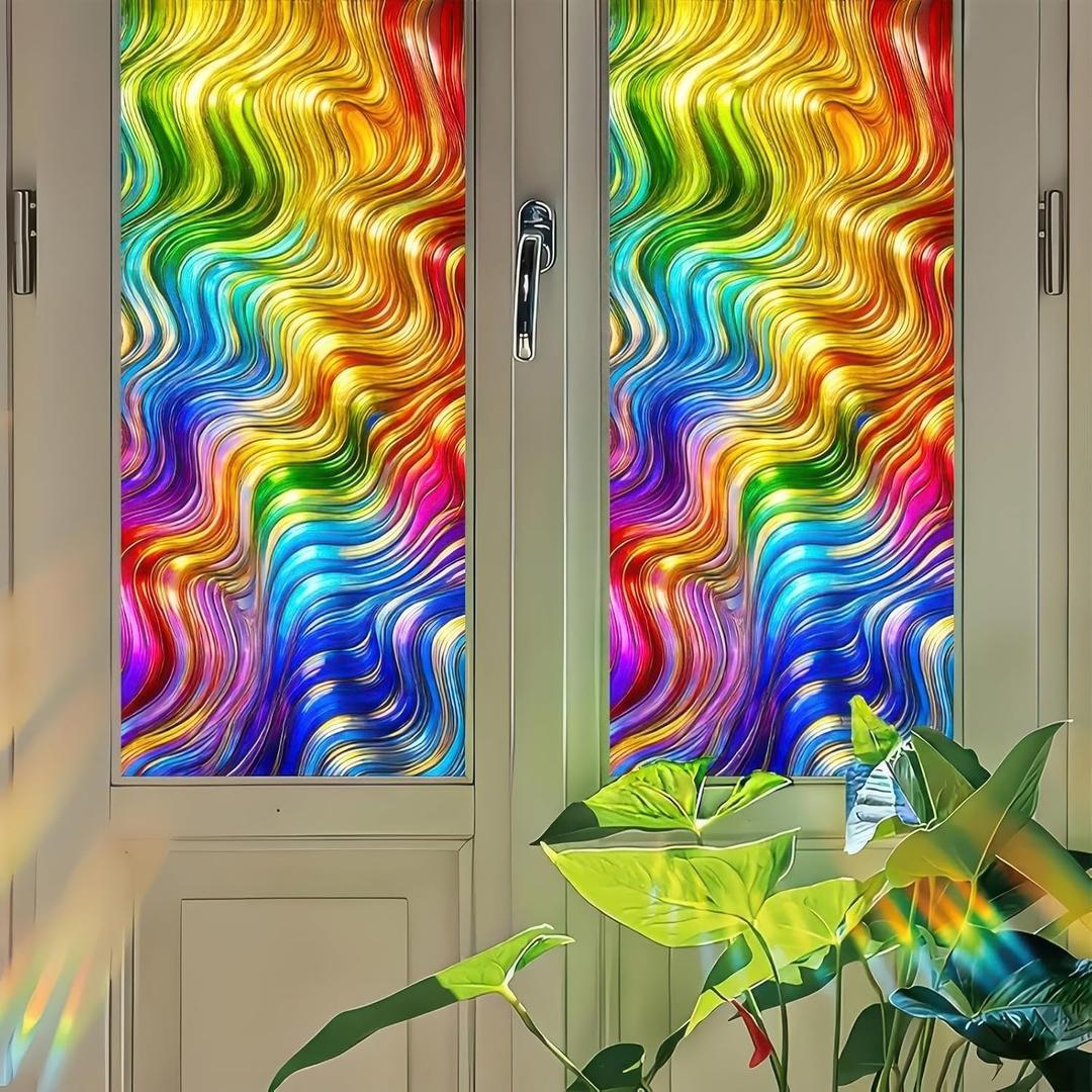 Colorful Wavy Stained Glass Window Film Window Privacy Film Stained Decals Static Cling Sun Blocking Decor for Home Office Windows Doors Glass Partitions 17.7x39.3 inch