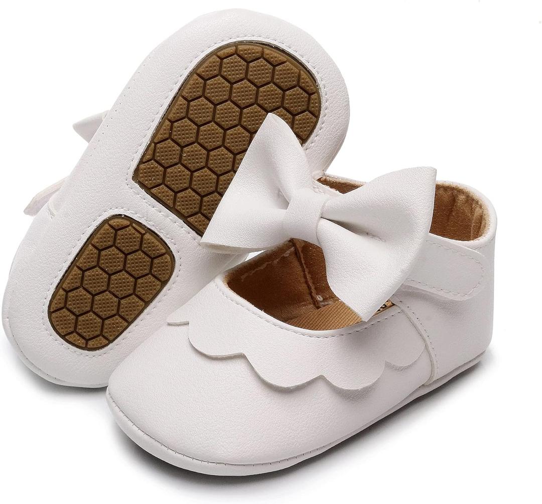HONGTEYA Infant Baby Girls Mary Jane Flats Non Slip for Toddler First Walkers Soft Sole PU Leather Crib Shoes Sneaker Wedding Party Christmas Princess Dress Shoes Baby Moccasins Girls (12-18 Months Toddler, Dnhh-26-white1)