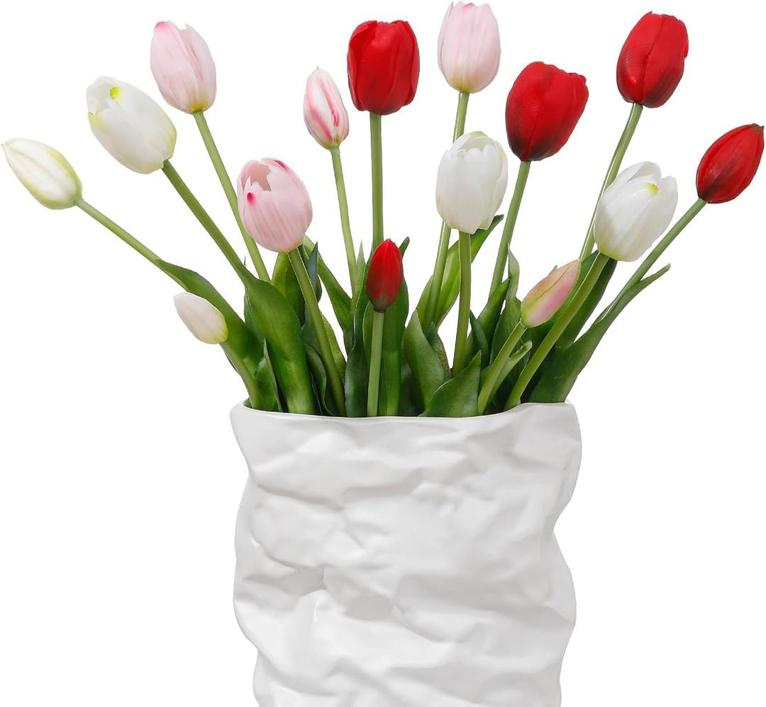 15 Pcs White-Light Pink-Red Artificial Tulips Fake Flowers, Premium Latex Lifelike Texture, UV Resistant Waterproof Faux Tulip Bouquets with Snap-on Petals for Outdoor, Home, Wedding Decor