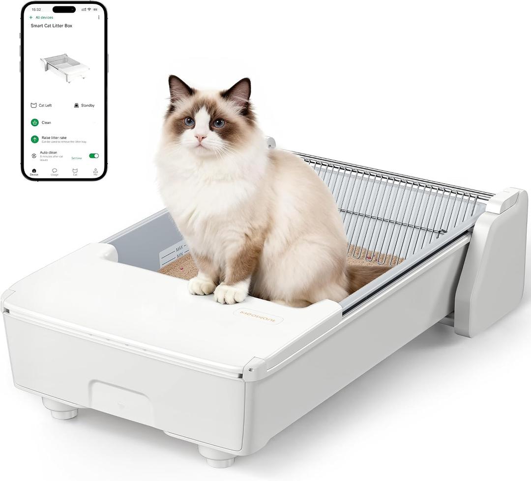 Meowant Self Cleaning Cat Litter Box, Open Top Automatic Litter Box for Multi Cats, Dual Rake, Works with Clumping Litter, Anti Pinch Safe Protection, Odor Control, Easy to Clean, White