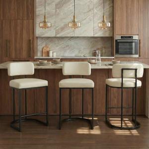 26" H Counter Height Bar Stools Set of 3, Modern Faux Leather Upholstered Barstools with Backrest for Kitchen Island, Black Metal Frames, Cream