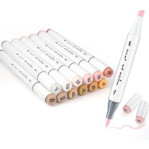 SFAIH Skin Tone Brush Tip Alcohol Markers - 12 Light Skin Colors Double Tipped Art Markers for Artist Adult Coloring Illustration, Gifts for Artist Adult, Dual Tip Brush & Chisel - Refillable Ink