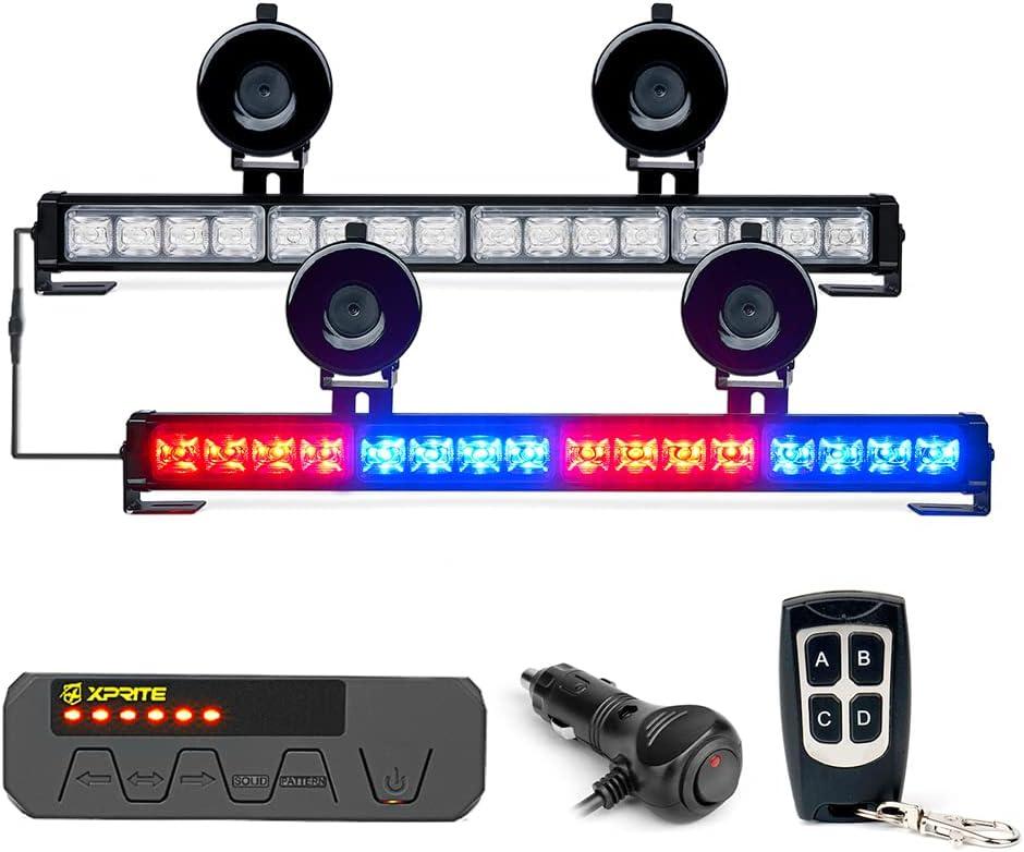 Xprite Emergency Dash Strobe Lights, 32LED Anti-Glare Windshield Visor Light Bar, Wireless Remote & Pressure-Boosted Suction Cups for Traffic Construction Police Vehicles Red Blue