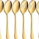 LIANYU 6 Pack Gold Serving Spoons Set, Large Slotted Spoons, Stainless Steel Buffet Dinner Restaurant Golden Serving Utensils, Catering Set for Party Banquet, 9.8 Inch