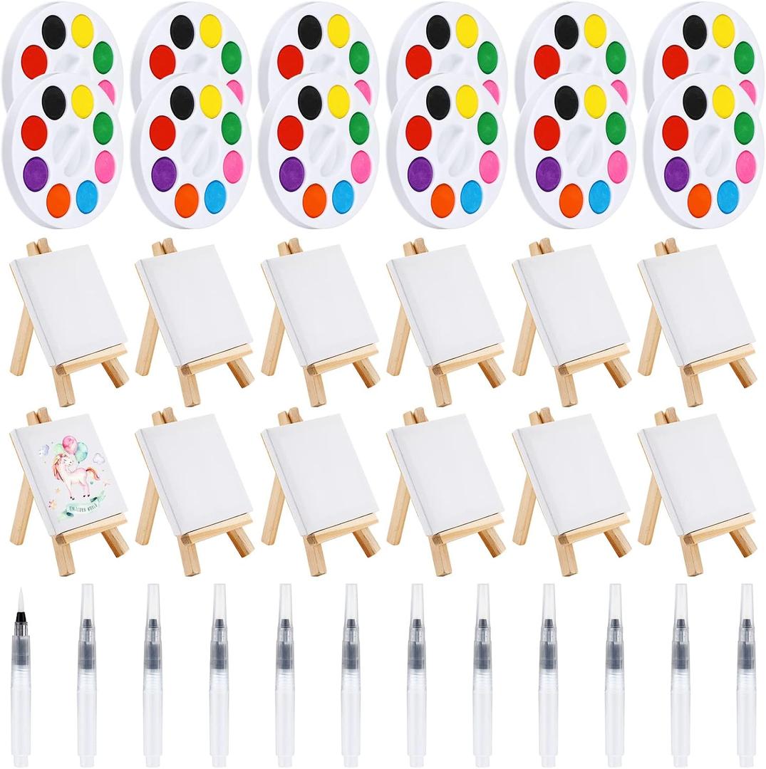Watercolor Paint Sets 8 Colors Watercolor with 3 x 3 Inch Gift Painting Canvas Panel Mini Wooden Easel Set Stretched Canvas Display Easel Painting Brush Kit for Easter Party Gift(12 Sets)